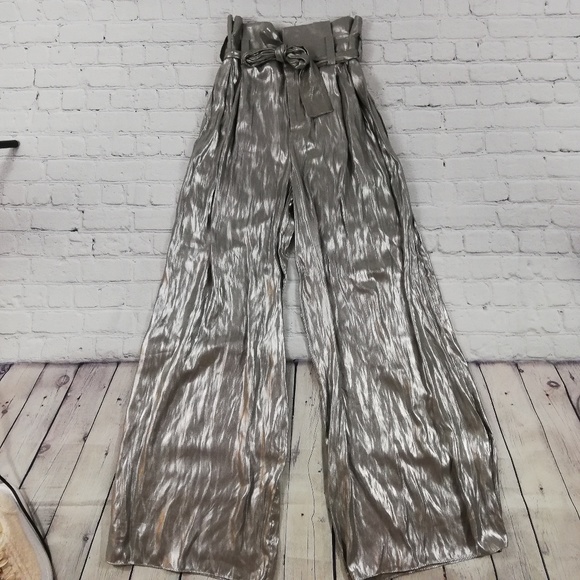 Zara Trafaluc Wide Leg Metallic Khaki Pants Xsmall - Picture 2 of 7